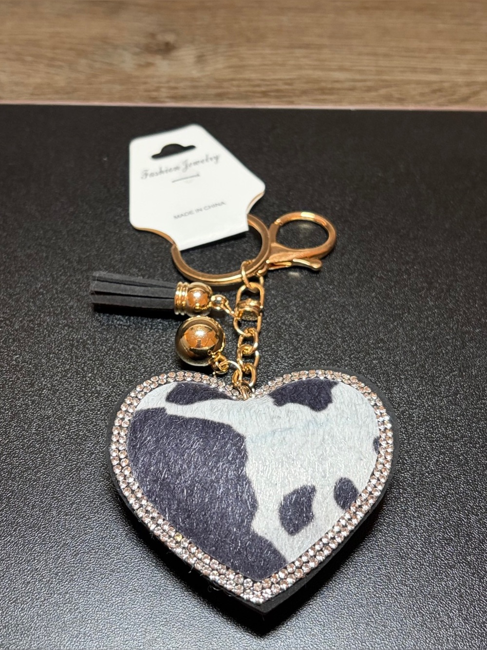 Black & White Cowhide Heart Keychain with Gold Hardware
